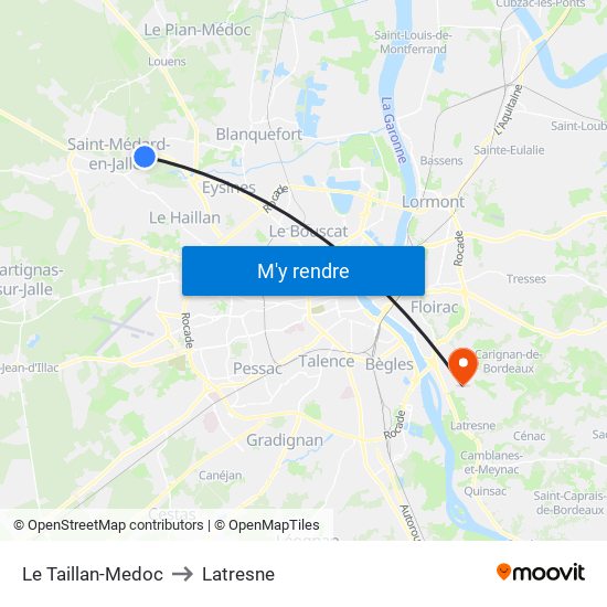 Le Taillan-Medoc to Latresne map