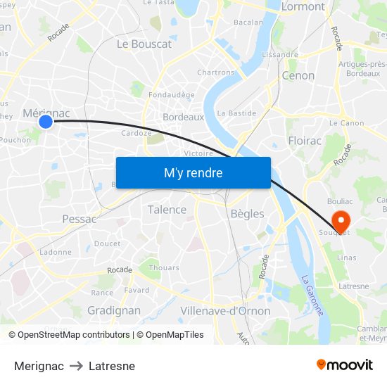 Merignac to Latresne map