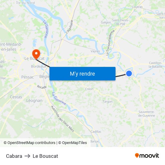 Cabara to Le Bouscat map