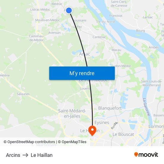 Arcins to Le Haillan map