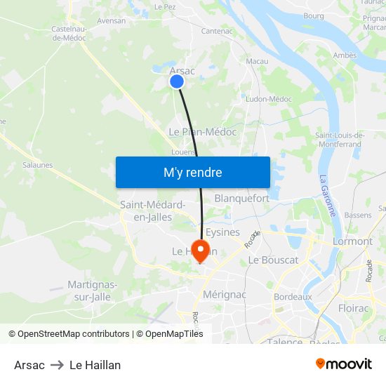 Arsac to Le Haillan map