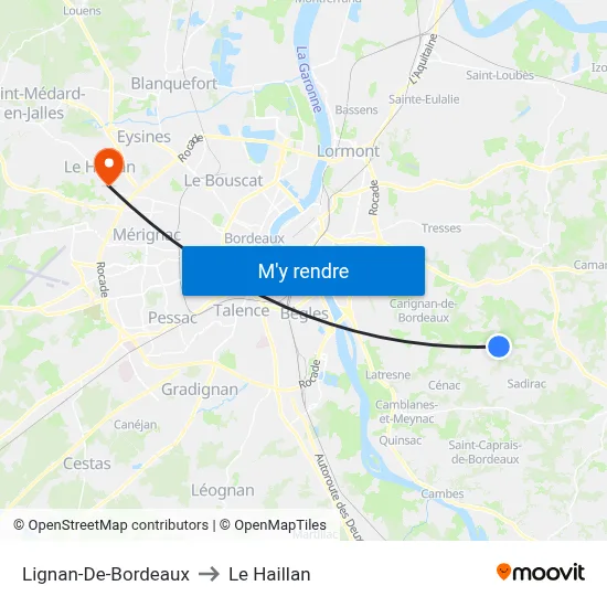 Lignan-De-Bordeaux to Le Haillan map