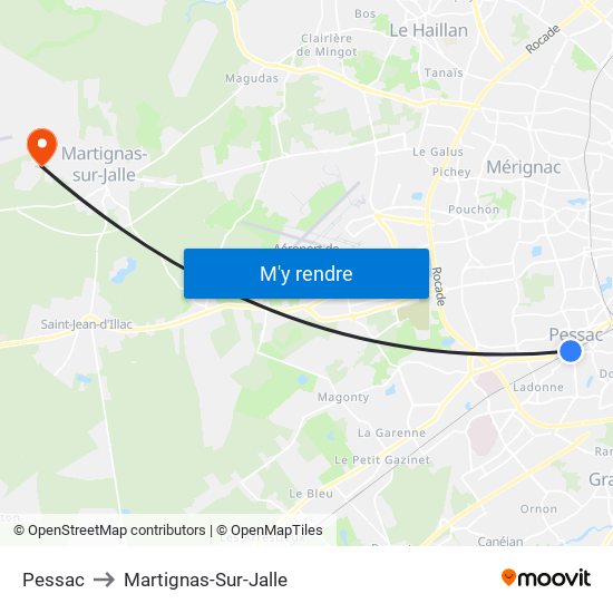 Pessac to Martignas-Sur-Jalle map