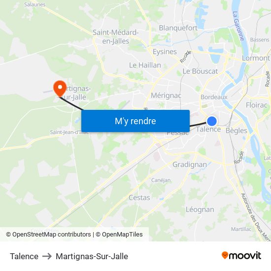 Talence to Martignas-Sur-Jalle map