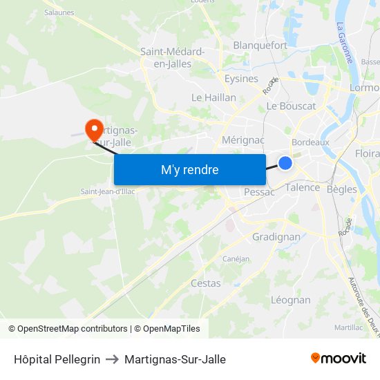 Hôpital Pellegrin to Martignas-Sur-Jalle map
