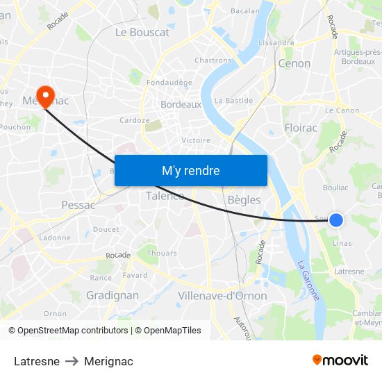 Latresne to Merignac map