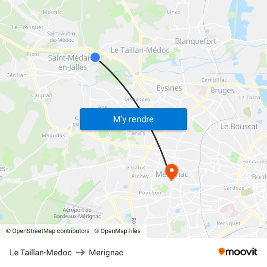 Le Taillan-Medoc to Merignac map