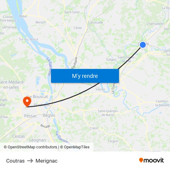 Coutras to Merignac map