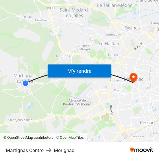 Martignas Centre to Merignac map
