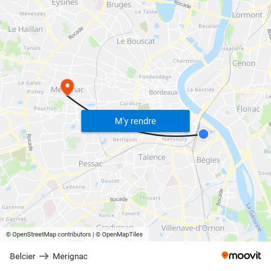 Belcier to Merignac map