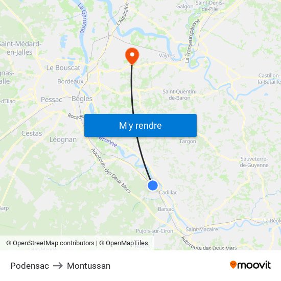 Podensac to Montussan map
