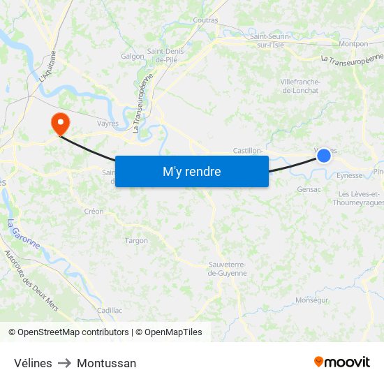 Vélines to Montussan map