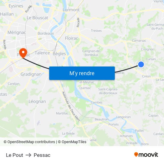 Le Pout to Pessac map