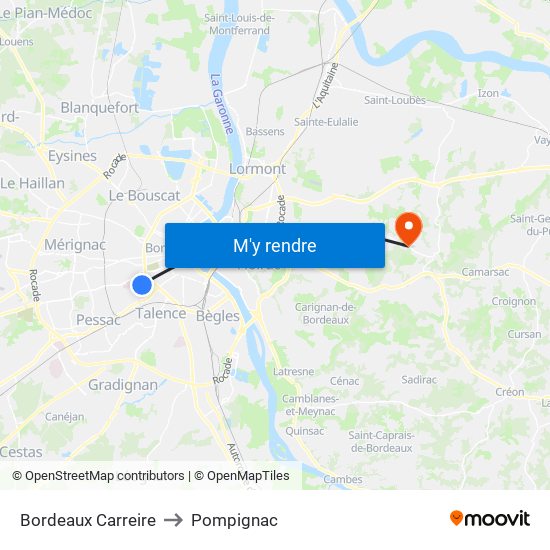 Bordeaux Carreire to Pompignac map