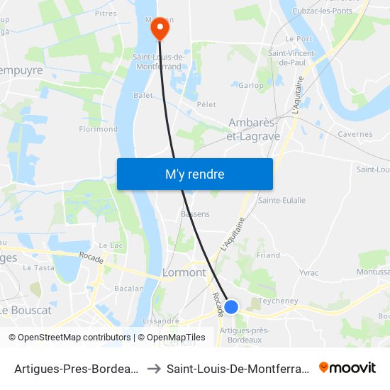 Artigues-Pres-Bordeaux to Saint-Louis-De-Montferrand map