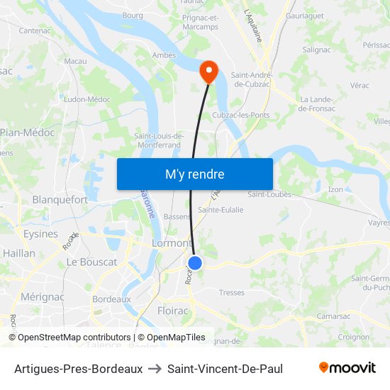 Artigues-Pres-Bordeaux to Saint-Vincent-De-Paul map