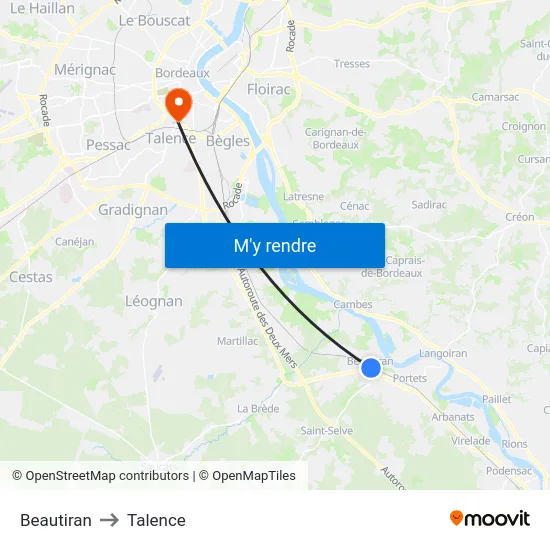 Beautiran to Talence map