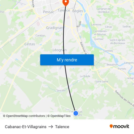 Cabanac-Et-Villagrains to Talence map
