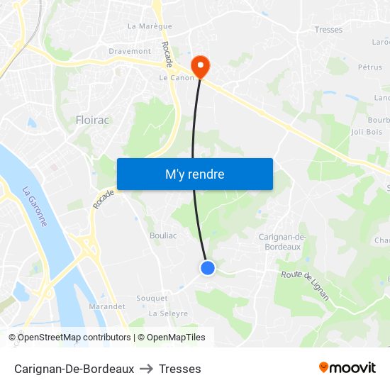 Carignan-De-Bordeaux to Tresses map