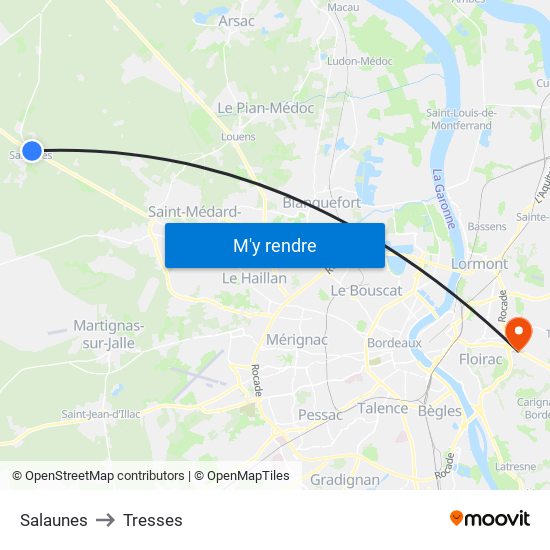 Salaunes to Tresses map