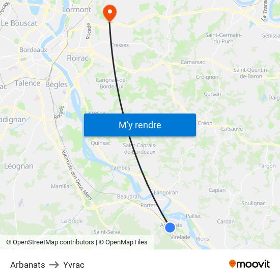 Arbanats to Yvrac map
