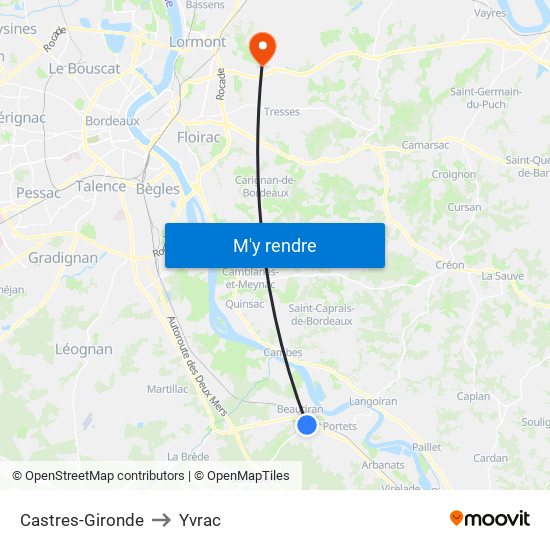 Castres-Gironde to Yvrac map