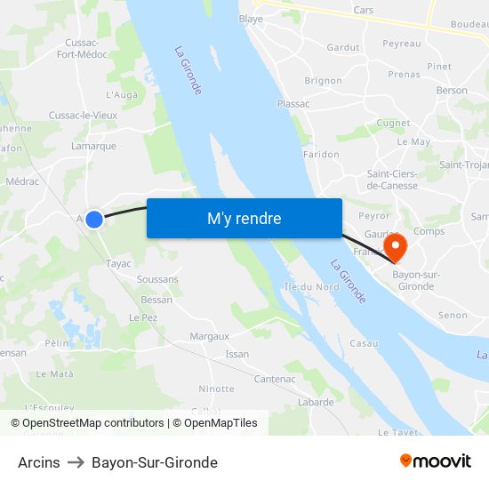 Arcins to Bayon-Sur-Gironde map