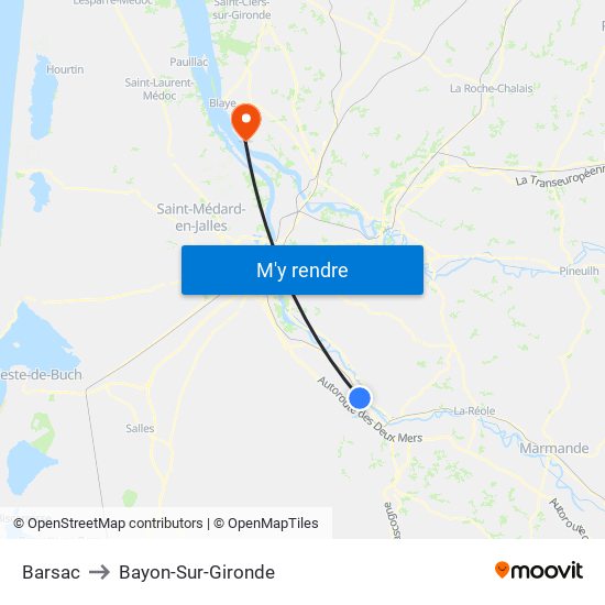 Barsac to Bayon-Sur-Gironde map