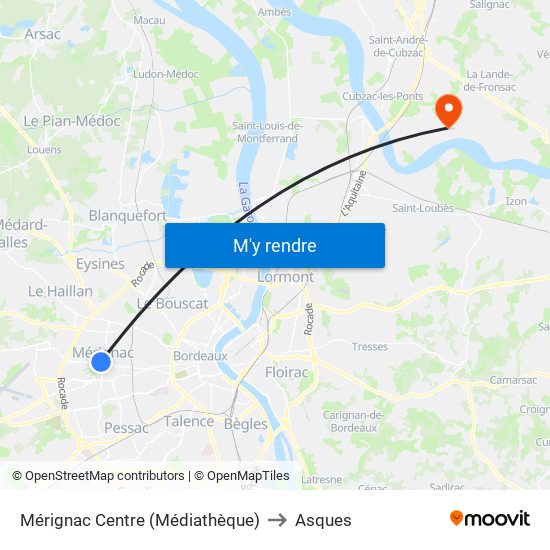 Mérignac Centre (Médiathèque) to Asques map