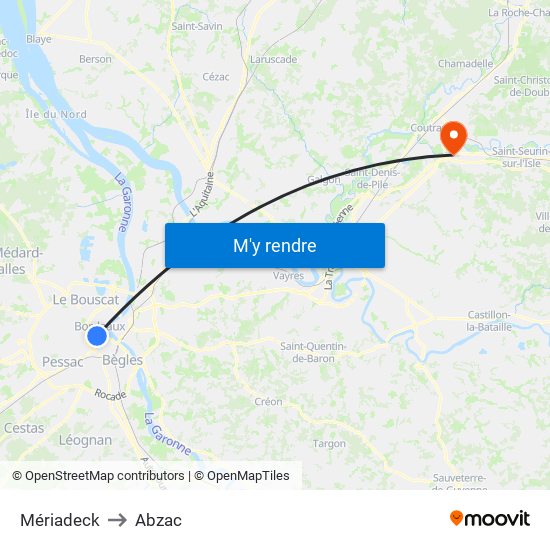 Mériadeck to Abzac map