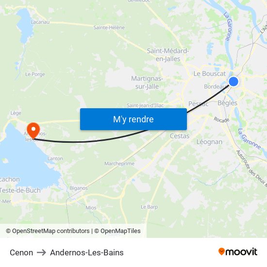 Cenon to Andernos-Les-Bains map
