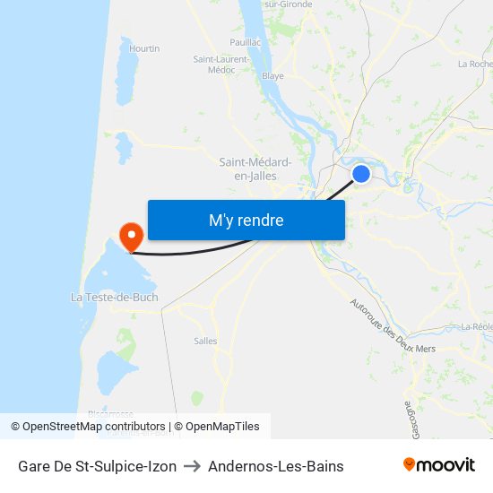 Gare De St-Sulpice-Izon to Andernos-Les-Bains map