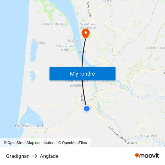 Gradignan to Anglade map