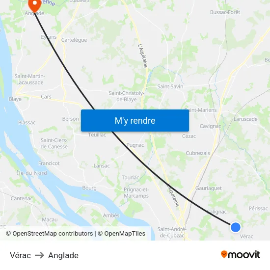 Vérac to Anglade map