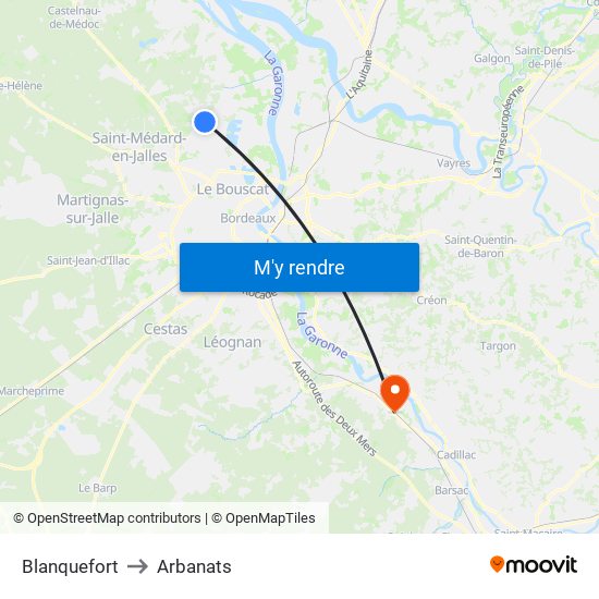 Blanquefort to Arbanats map