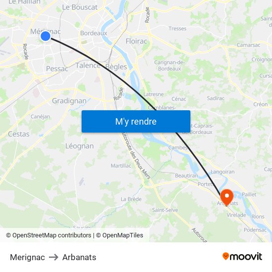 Merignac to Arbanats map