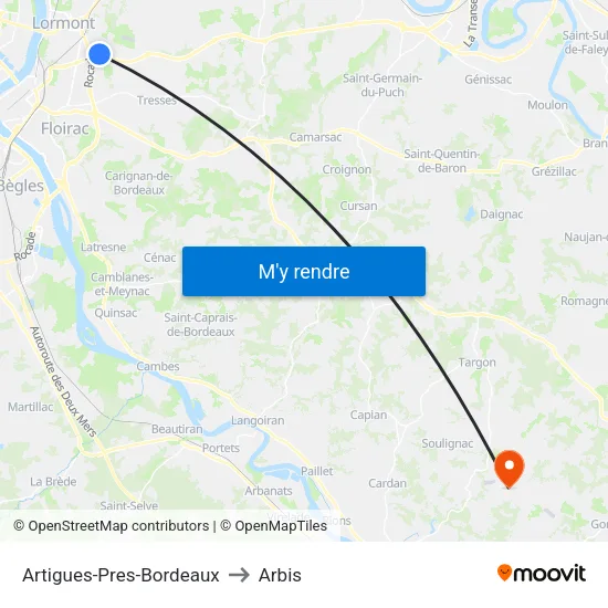 Artigues-Pres-Bordeaux to Arbis map