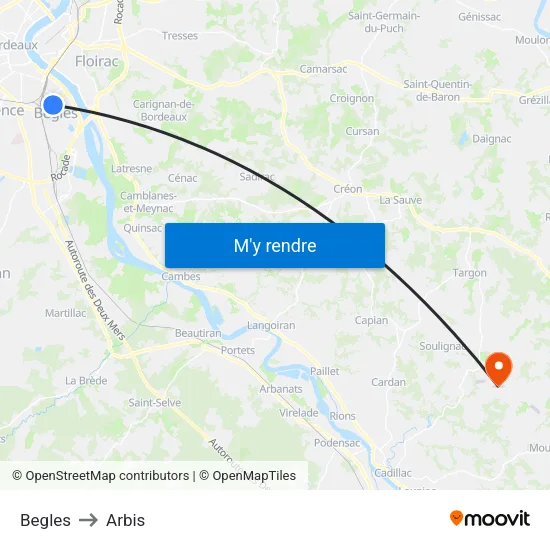 Begles to Arbis map