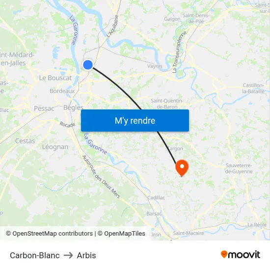 Carbon-Blanc to Arbis map