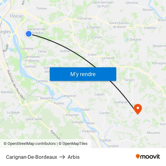 Carignan-De-Bordeaux to Arbis map