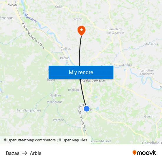 Bazas to Arbis map