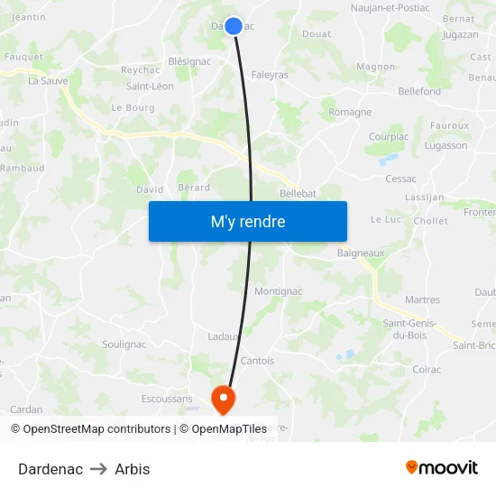 Dardenac to Arbis map