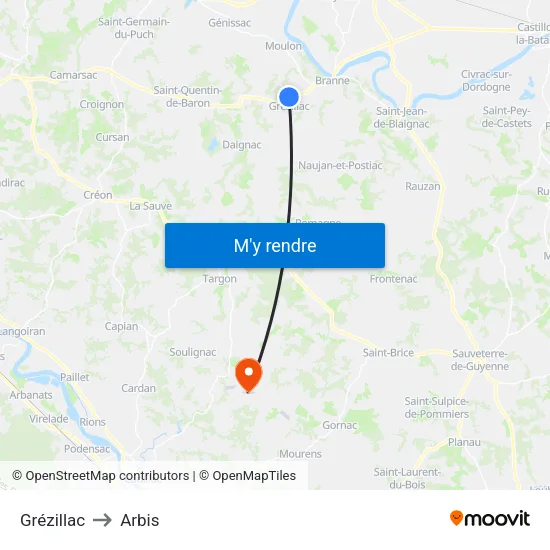 Grézillac to Arbis map