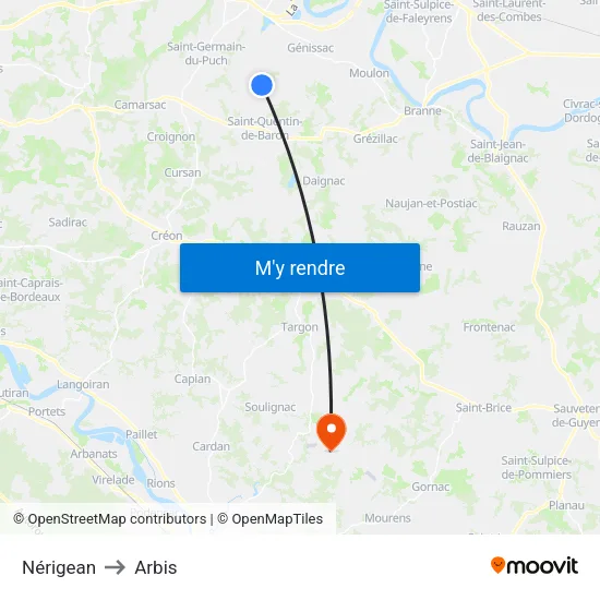 Nérigean to Arbis map