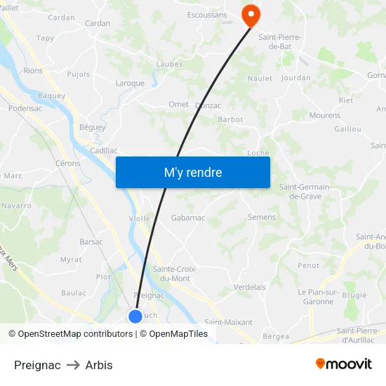 Preignac to Arbis map