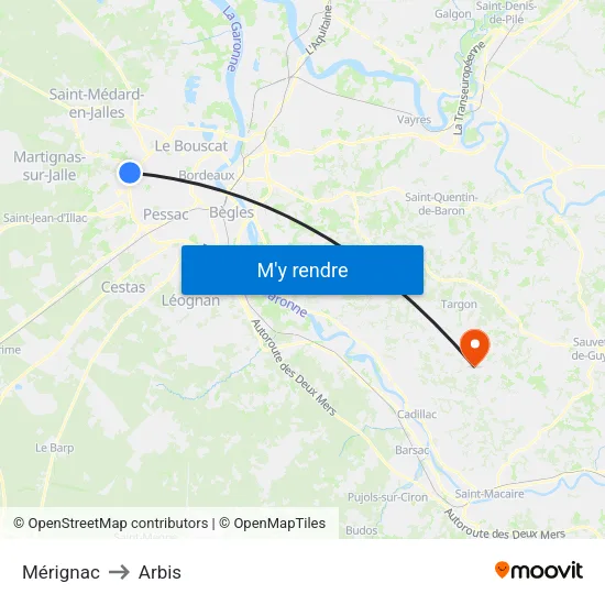 Mérignac to Arbis map