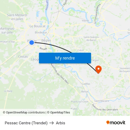Pessac Centre (Trendel) to Arbis map