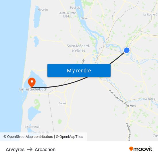 Arveyres to Arcachon map