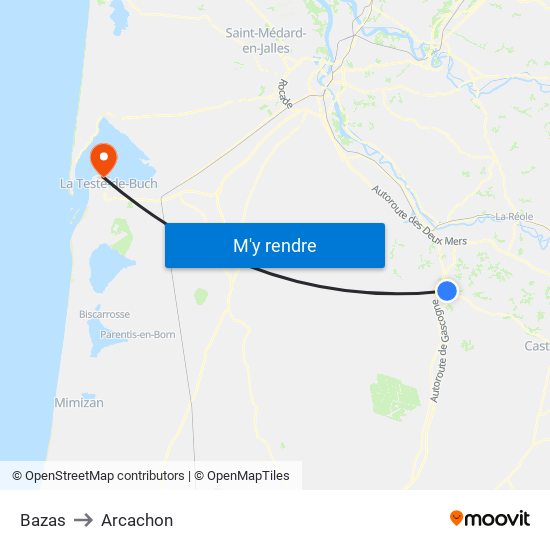 Bazas to Arcachon map