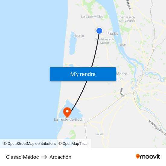 Cissac-Médoc to Arcachon map